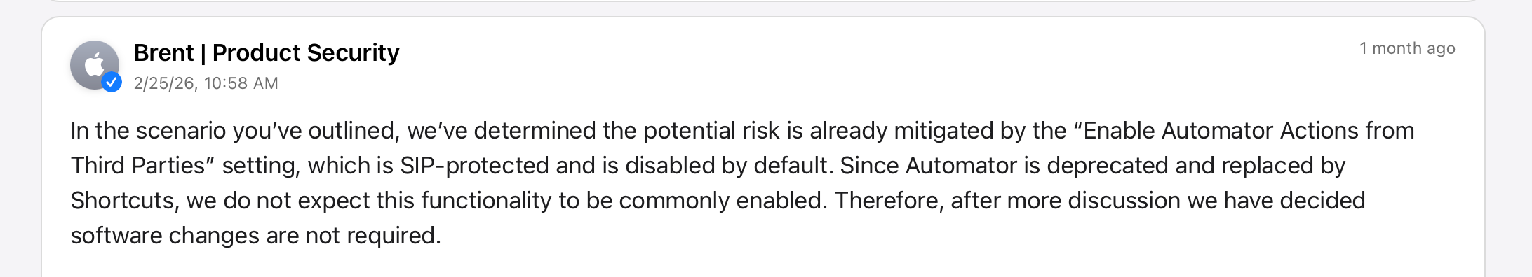 A screenshot of Apple's response to my vulnerability report