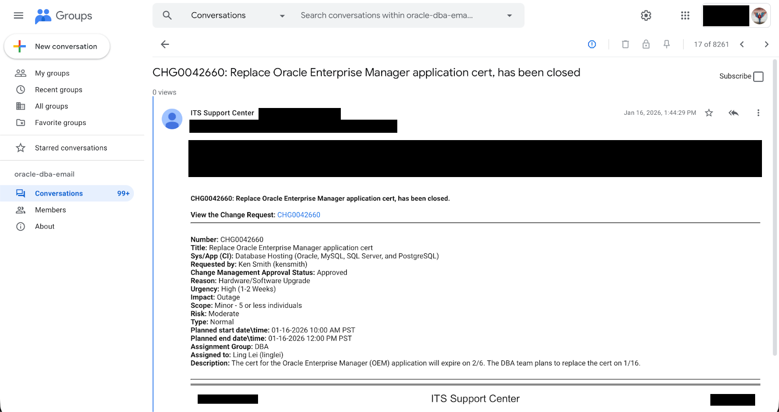 A screenshot of a UCSC Google Group email
